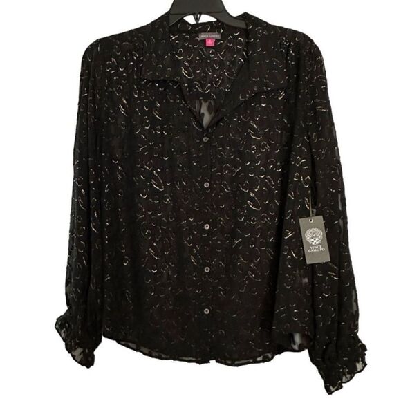 Vince Camuto Leopard Devore Collared Black Blouse Shirt Long Sleeve XL Black - Picture 1 of 7